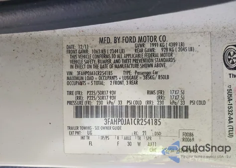 2012 Ford Fusion Sel z USA, uszkodzony, nr VIN 3FAHP0JA1CR254185